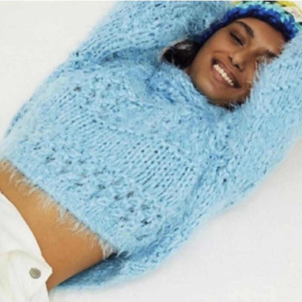 Free People Blue Rustic Inn Open Knit Soft Crop Turtleneck - Size - Small